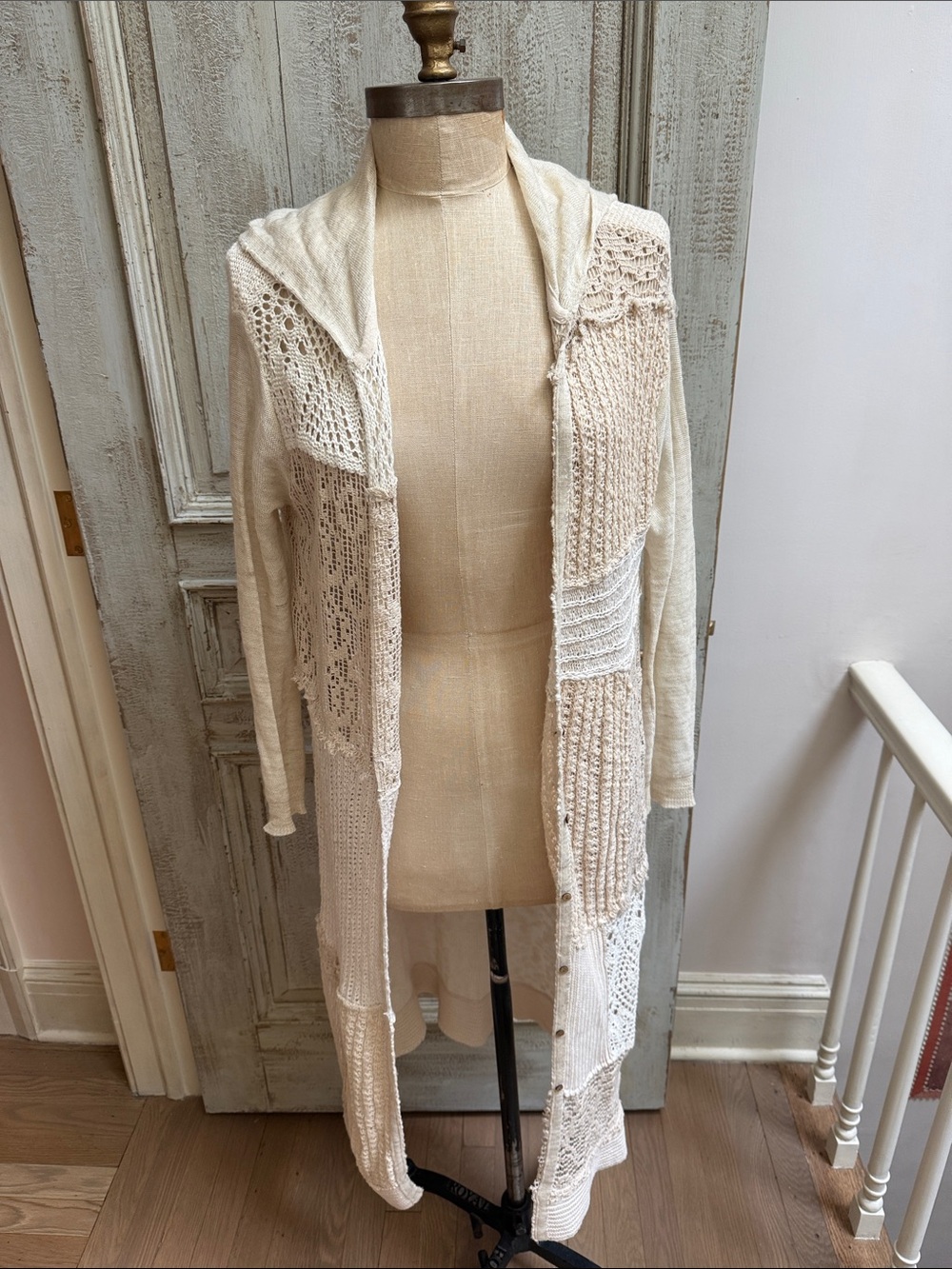 Free People Long Cream Patchwork Hooded Cardigan